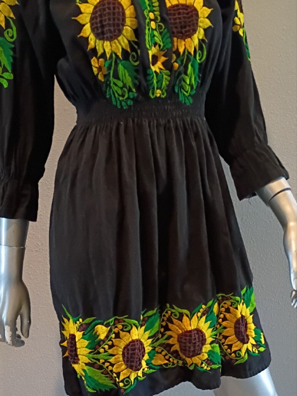 Sunflower Artisan-Embroidered Boho   Black Cotton Mini Dress Sz Med - Picture 10 of 12